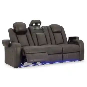 Ashley Flint Shadow Faux Leather Dual Power Reclining Sofa with USB, Storage & LEDs