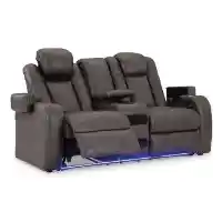 Ashley Flint Shadow Faux Leather Dual Power Reclining Console Loveseat with USB, Storage & LEDs