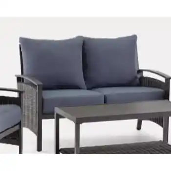 Outdoor Black Powdered-Coated Steel Framed Loveseat with Blue Cushions