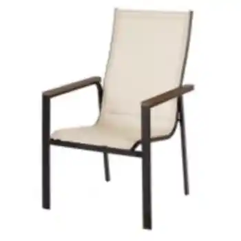 Outdoor Beige Mesh Sling Chair with Wood Arm Accents